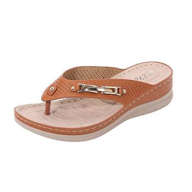 Imagem de Sandálias de plataforma femininas chinelos confortáveis sandálias redondas de dedo do pé casual flip moda feminina sandálias femininas (marrom, 7)