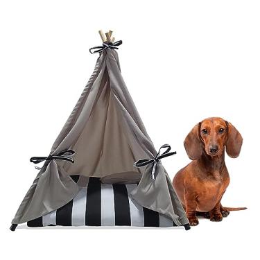 Imagem de Cabana Toca de Indio para Cachorro Tenda Madeira Colchão Listrado Tamanho M 65x85cm Cinza Pet Best Soluções