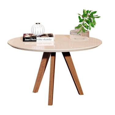 Imagem de Minimalista Mesa de Centro Redonda em MDF e Pés de Madeira Tampo Off White