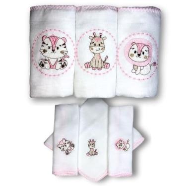 Imagem de Kit SAFARI com 6 Fraldas De Pano Bordadas (3 De Ombro + 3 De Boca) (ROSA)
