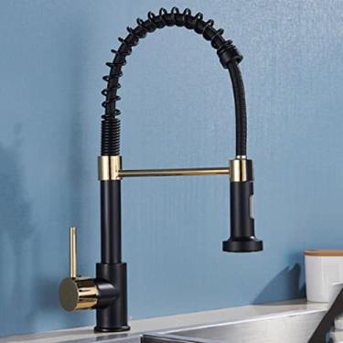 Imagem de Torneira de cozinha pull out stream pulverizador deck montado preto fosco torneira misturadora rotação de 360 graus pia da cozinha torneiras quentes e frias, preto e dourado