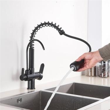 Imagem de Torneiras de cozinha pretas com montagem no deck, torneira com filtro de água quente e fria para cozinha, misturador de pia de três maneiras, rotação 360, preto fosco