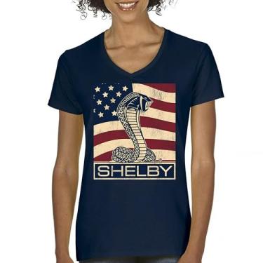 Imagem de Camiseta feminina Shelby Cobra bandeira gola V Legend Muscle Car Racing Mustang GT500 GT350 427 Performance Powered by Ford Tee, Azul marinho, M