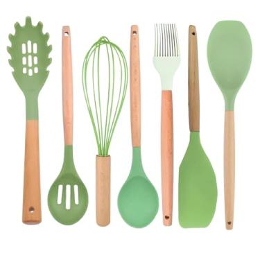 Imagem de Kit Culinário De Silicone 7 Peças Verde Oliva Colheres De Silicone Verde Oliva