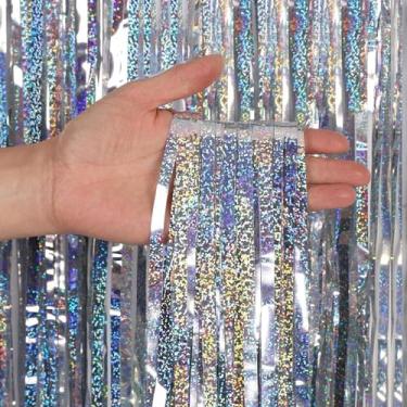 Imagem de Cortina metálica com franja de alumínio com fundo de 2 pacotes, 3 pés x 8 pés Cortina de fundo de festa a laser, Cortina de chuva CYLMFC para decoração de festa de aniversário, decoração de cabine de foto, pano de fundo, Natal Halloween, Prata, 3ftx8ft