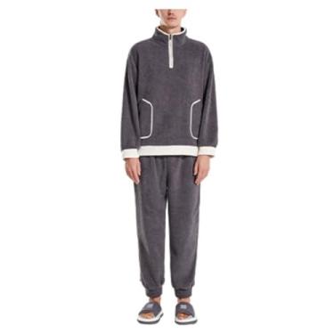 Imagem de Conjunto de pijama masculino de flanela combinando com 2 peças, conjunto de pijama com zíper frontal e meio, Cinza, G