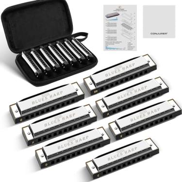 Imagem de CONJURER Conjunto de gaita Blues com 7 chaves, conjunto de gaita diatônica de 10 furos para crianças iniciantes, harpa azul órgão boca pacote com 7 com capa, prata