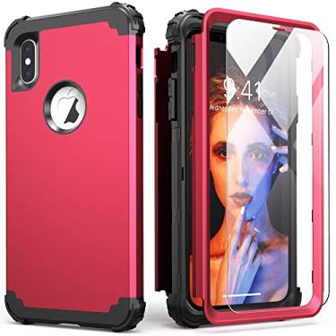 Imagem de IDweel Capa para iPhone Xs Max com protetor de tela (vidro temperado), 3 em 1, absorção de choque, proteção resistente, capa de policarbonato rígido, amortecedor de silicone macio, capa durável, vermelho melancia/preto