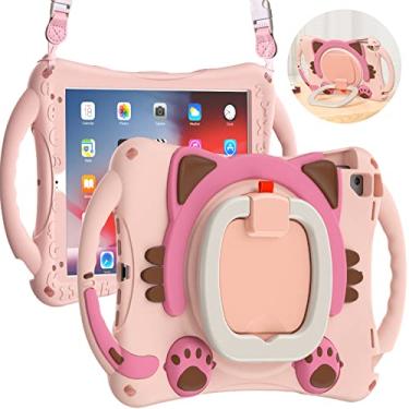 Imagem de Capa BRAECN para iPad 9,7 polegadas 6ª geração 2018/iPad 5ª geração 2017, iPad Air 2/Air 1/iPad Pro de 9,7 polegadas, capa com suporte para lápis, apoio e alça de ombro, gato fofo, infantil, rosa