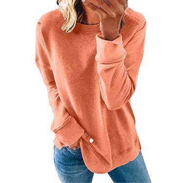 Imagem de Aniywn Moletom feminino de gola redonda, casual, solto, manga comprida, camiseta adolescente, fofo, primavera, outono, esportivo, corrida, pulôver, B4-laranja, M
