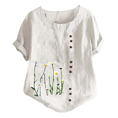 Imagem de Camisetas femininas de linho com estampa floral, gola redonda, túnica de manga curta, camisas soltas casuais para sair, Branco, G