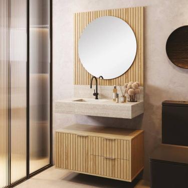 Imagem de Conjunto Para Banheiro Bancada Em Porcelanato Com Cuba Esculpida, Armário e Espelho Ripy 80cm Wood