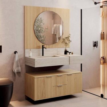 Imagem de Conjunto Para Banheiro Bancada Em Porcelanato Com Cuba Esculpida, Armário e Espelho Ripy 100cm Wood