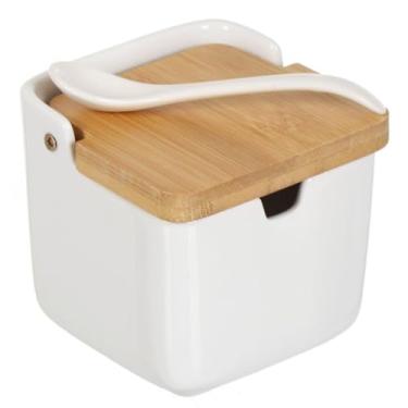 Imagem de Saleiro de Mesa Porcelana com Tampa de Bambu Porta Temperos Condimentos Especiarias (Branco)