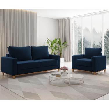 Imagem de Conjunto Estofado Living 3 Lugares e 1 Poltrona Napoles Veludo Azul - Casa Giulia