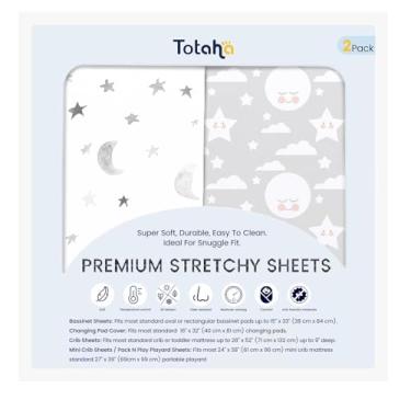Imagem de TotAha Lençol de berço macio premium para meninos e meninas, lençol com elástico de malha, compatível com Halo, Maxi COSI, Mika Micky, SNOO, Colchão Baby Delight, pacote com 2, lua e céu cinza
