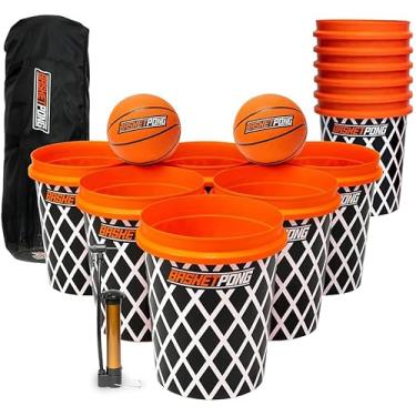 Imagem de Jogo de bola Giant Yard Pong X Basket com bolas e baldes duráveis, jogo ao ar livre para gramado, quintal e praia, o conjunto inclui 12 baldes, 2 bolas de cesta, bolsa de transporte e bomba de ar