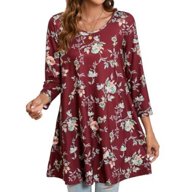 Imagem de ENMAIN Blusa feminina de manga 3/4, elegante, casual, plus size, túnica para usar com leggings rodada, camiseta rodada, blusas soltas, Floral vermelho, M