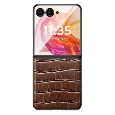 Imagem de LTLMYDAM Capa de couro genuíno para Moto Razr 50Ultra/50, capa fina clássica com estampa de crocodilo, borda macia, proteção contra quedas, marrom, 50Ultra