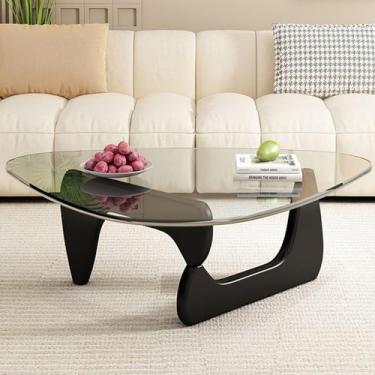 Imagem de Mesa de Centro de Vidro Moderna para Sala de Estar - Design Oval Abstrato, Triângulo Rústico Exclusivo Com Pernas de Madeira, Preto
