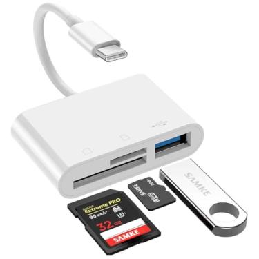 Imagem de SAMKE Adaptador de câmera USB C 3 em 1 - Leitor de cartão SD/TF para iPhone15/15Pro e superiores/iPad Pro/MacBook - Compatível com dispositivos USB C/Tipo C