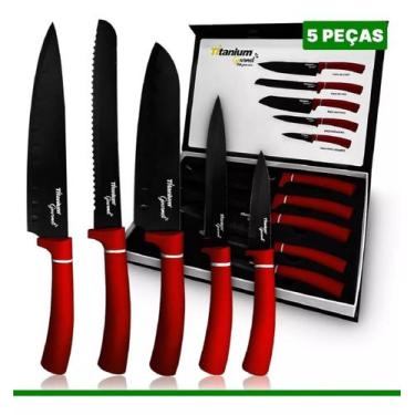 Imagem de Jogo Faca Cozinha Faqueiro Inox Antiaderente Prime 05 Peças Preto e Ve