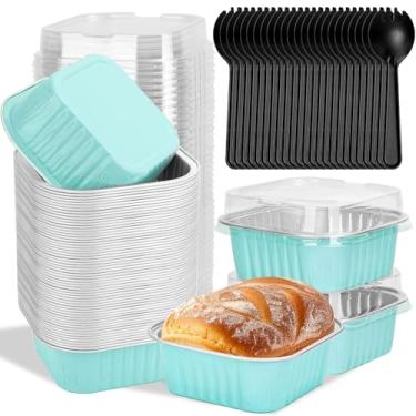 Imagem de selizo Pacote com 60 mini formas de bolo descartáveis de 283 g com tampas, copos quadrados de folha de alumínio, 10 x 11 cm, recipientes grandes para bolos com tampas para bolos individuais de Ação de