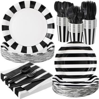 Imagem de Bokon 350 peças de decorações de festa em preto e branco incluem 100 pratos de papel listrados, 50 copos de papel, 50 guardanapos, 50 facas, 50 garfos, 50 colheres, conjunto de louça descartável,