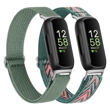 Imagem de Vancle Pacote com 2 pulseiras elásticas para Fitbit Inspire 3 femininas, respiráveis e ajustáveis, pulseiras esportivas de nylon elásticas compatíveis com Fitbit Inspire 3 Fitness Tracker