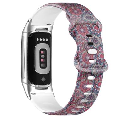 Imagem de Pulseira de silicone macio compatível com Fitbit Charge 5/Fitbit Charge 6 (flor boêmio) macia esportiva para mulheres e homens