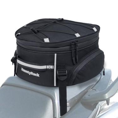 Imagem de HmmtyRack Bolsa traseira de motocicleta, bolsa esportiva de assento traseiro de motocicleta de dupla finalidade, bolsa traseira oval prateada e preta com 4 tiras, espaço de armazenamento expansível de