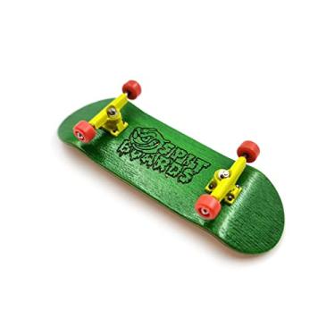 Imagem de SPITBOARDS 32 mm Fingerboard Complete Real Wood Set-Up (Pre-Assembled, 5-Layers), Trucks with Lock Nuts, Bearing Wheels, Foam Grip Tape, (Deck: Green, Trucks: Yellow, Wheels: Red)