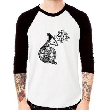 Imagem de Camiseta Raglan Trompa Notas Musicais Manga 3/4 - Foca na Moda, Branco