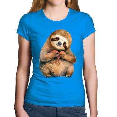 Imagem de Baby Look Algodão Bicho Preguiça Coração - Foca na Moda, Azul, GGG