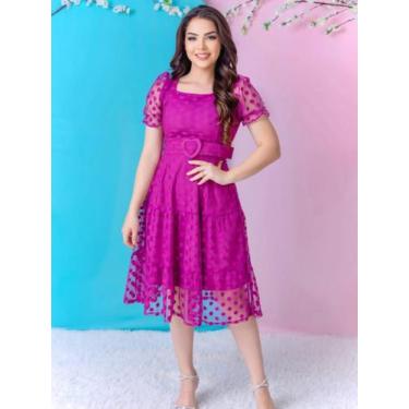 Imagem de Vestido Midi Social Elegante Decote Quadrado Romantico Manga Princesa 