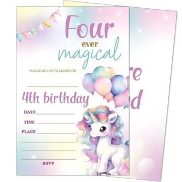 Imagem de heiyihe Convites de aniversário de 4 anos de unicórnio mágico, pacote com 20 convites de festa de aniversário para meninos e meninas com envelopes, suprimentos de festa para chá de bebê, 10 cm x 15 cm