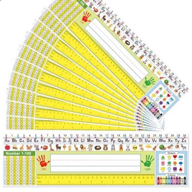 Imagem de Pacote com 36 etiquetas de nome autoadesivas para mesas de estudantes, manuscrito multiuso placas de nome de alunos para mesas de sala de aula com letras do alfabeto, tabela de números, régua (36 x 10
