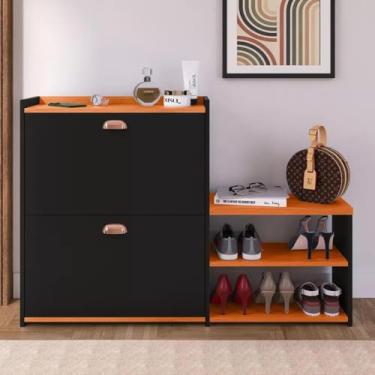 Imagem de Sapateira Banco 2 Gavetas Basculantes Moderna Pares Sapatos Para Quarto Hall de Entrada - Preto/Cinamomo