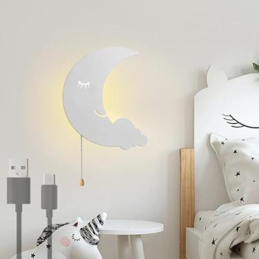 Imagem de Luminária de parede lunar operada por bateria, luz noturna para quarto infantil, luzes de parede LED com interruptor de cordão, iluminação de parede acrílica, luminárias modernas de cabeceir