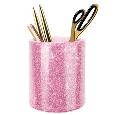 Imagem de Suporte de caneta com glitter para mesa, WAVEYU bonito copo de lápis rosa para mulheres meninas, porta-pincéis de maquiagem de luxo grande copo organizador multifuncional de couro PU para escritório, sala de aula, casa, rosa com glitter