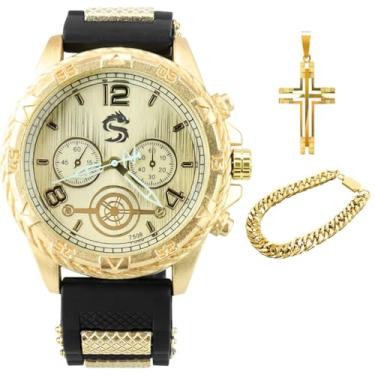 Imagem de Orizom Relógio Masculino Aço Inox Ouro + Cordão + Pulseira Social Analógico Dourado Casual