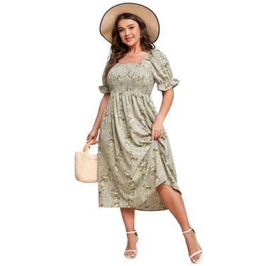 Imagem de KOJOOIN Vestido feminino floral de verão, manga bufante, plus size, com babados e gola quadrada, vestido midi fofo, Flor verde, XGG