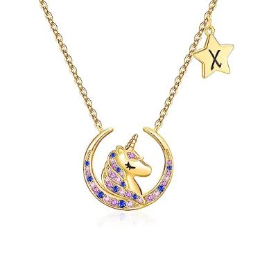 Imagem de XINIYUGGR Unicórnios presentes para meninas, crianças, ouro 16 quilates, banhado a ouro branco, colorido, lua, estrelas, pingente, unicórnio para meninas, joias com inicial de unicórnio, colar de