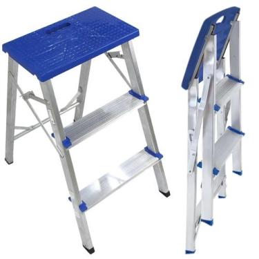 Imagem de Banqueta Escada 3 Degraus Aluminio Domestica Dobravel Reforçada Azul 1