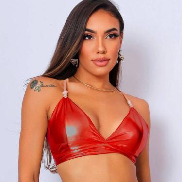 Imagem de Bustiê Metalizado Top Biquini Brilhante Sutiã Fantasia Brilho Cor Metálica Acessório Festa Carnaval Bloquinho Folia