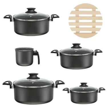 Imagem de Jogo de Panelas 05 Peças Antiaderentes C/Tampas de Vidro + 05 Descansos de Panela Redondos Madeira 14,5cm