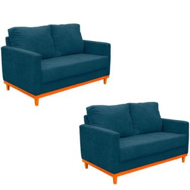 Imagem de kit 2 Sofa Berlin 146 cm Base Madeira - Fina Mobília, Azul petróleo