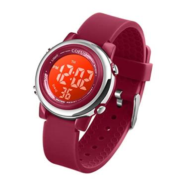 Imagem de cofuo Relógio esportivo digital infantil à prova d'água para meninas e meninos, esportes infantis ao ar livre com LED elétrico com alarme luminoso, cronômetro, relógio de pulso infantil, Borgonha