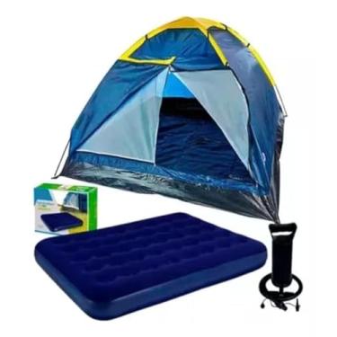 Imagem de Barraca Camping 4 Pessoas Porta Dupla + Colchão Inflável Casal Resistente + Bomba de Ar