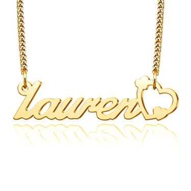 Imagem de LuxglitterLin Colar com nome de coração personalizado, banhado a ouro 18 K, joia personalizada para mulheres com corrente de elos, Metal, Cristal sintético